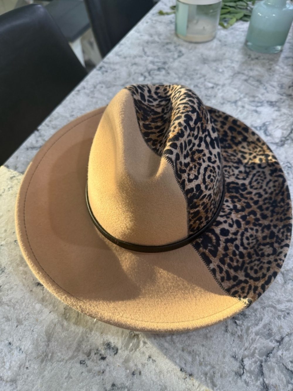 Women’s Two-Tone Leopard Fedora Hat in Tan and Leopard